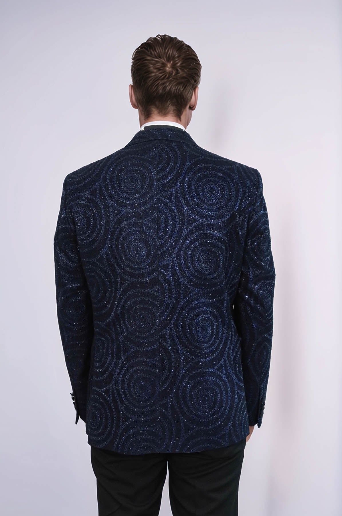 Hypnose Pattern Peak Lapel Slim Fit Navy Blue Men Tuxedo Blazer - Wessi