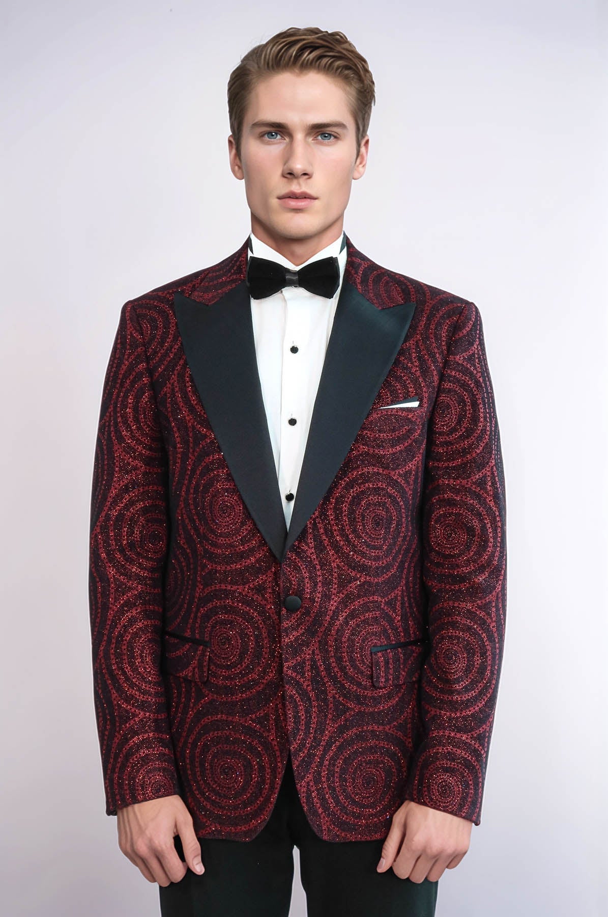 Hypnose Pattern Peak Lapel Slim Fit Burgundy Men Tuxedo Blazer - Wessi