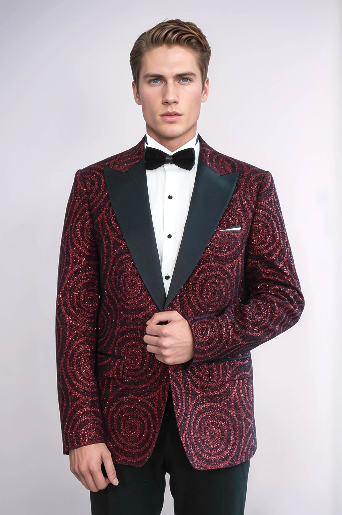 Hypnose Pattern Peak Lapel Slim Fit Burgundy Men Tuxedo Blazer - Wessi