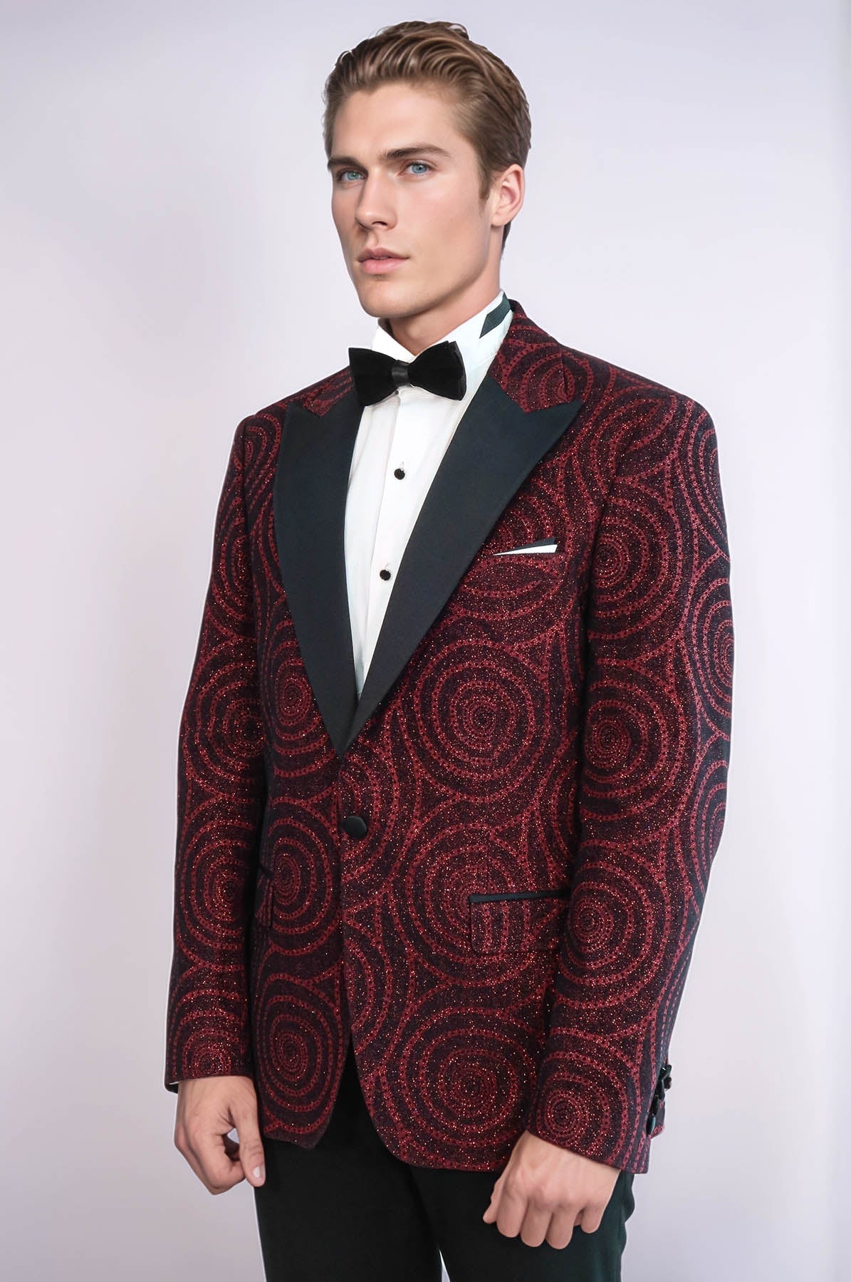 Hypnose Pattern Peak Lapel Slim Fit Burgundy Men Tuxedo Blazer - Wessi