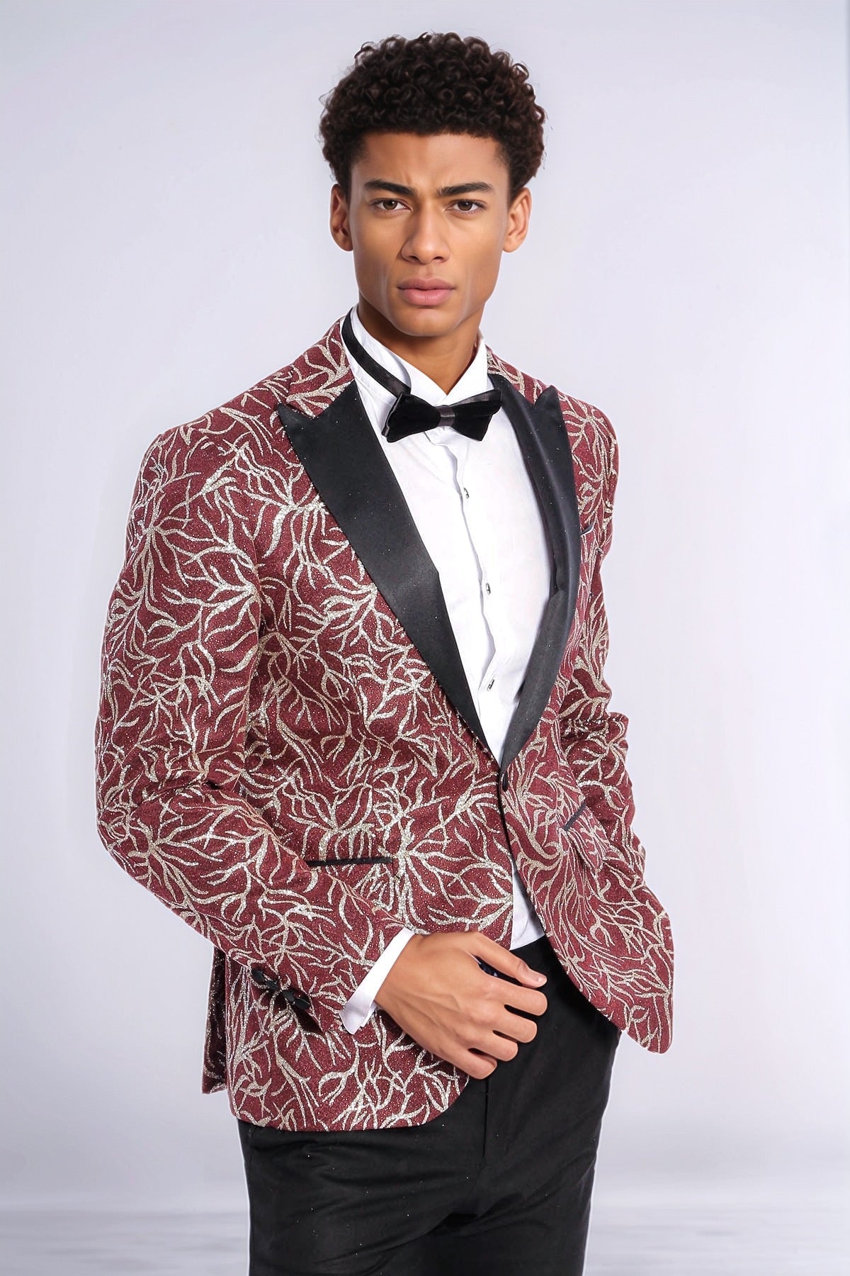 KOALA SYDNEY Sparkling Ivy Patterned Slim Fit Burgundy Men Evening Tuxedo Jacket