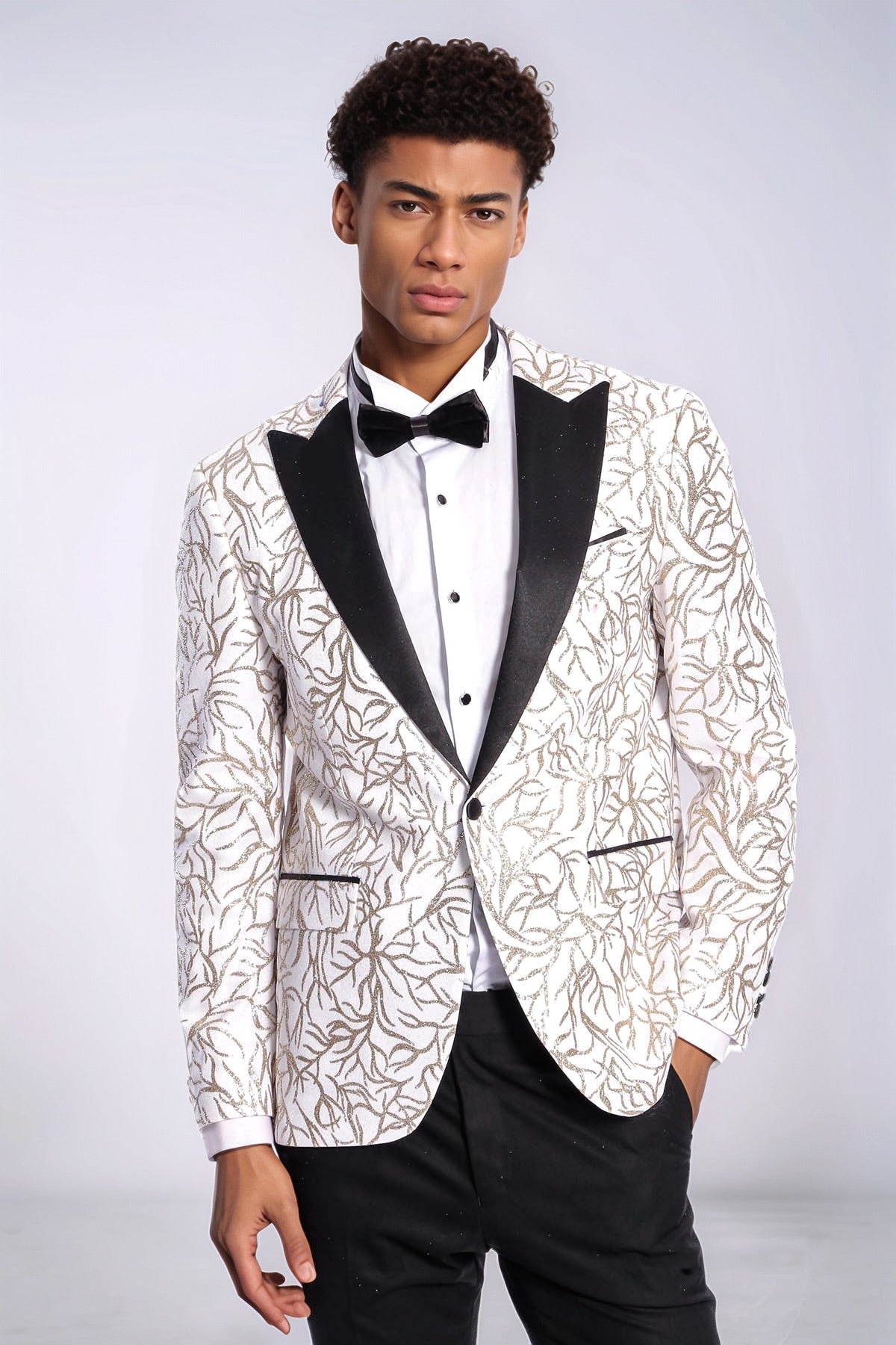 KOALA SYDNEY Sparkling Ivy Patterned Slim Fit White Men Wedding Groom Blazer