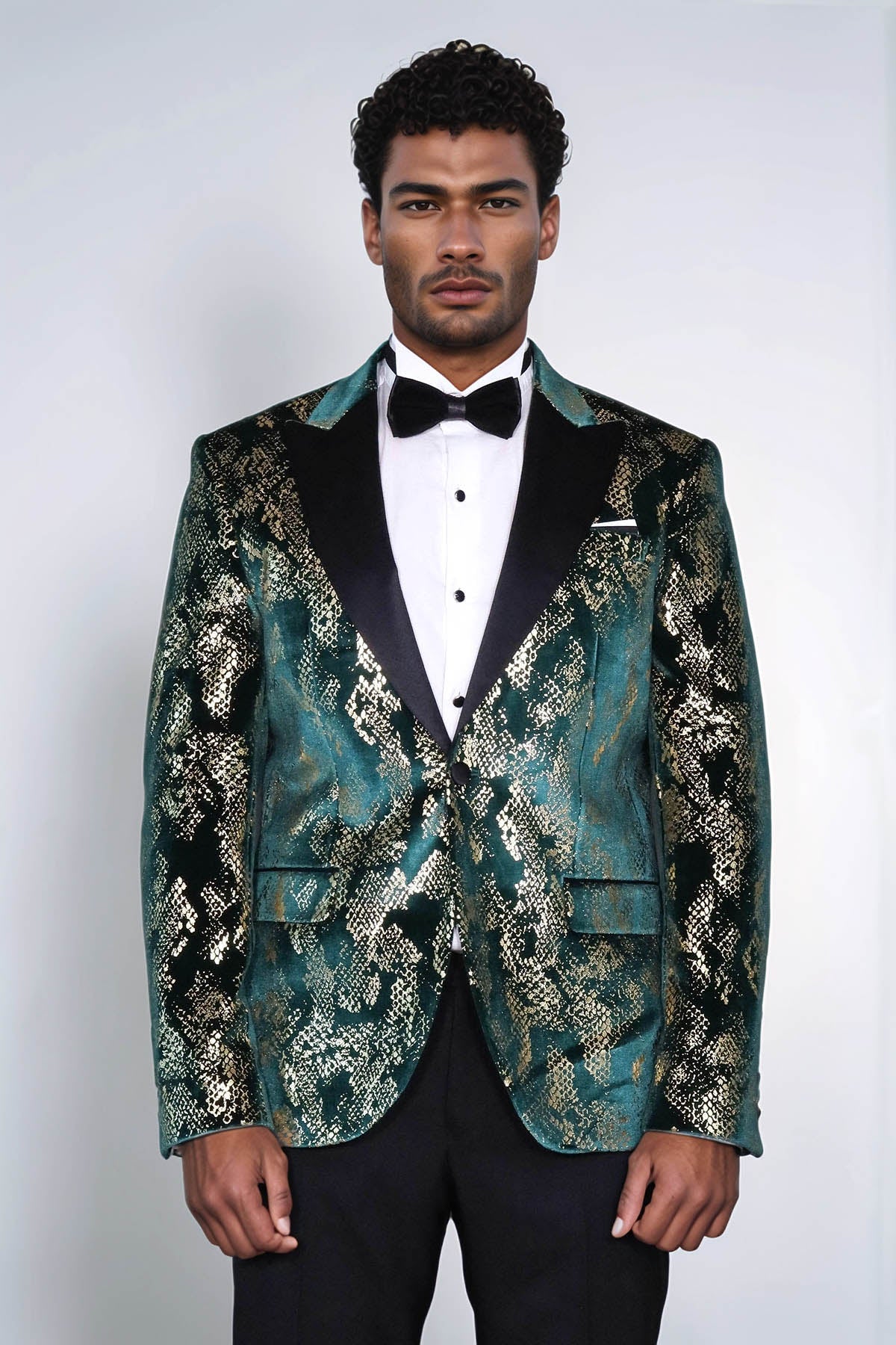 Peak Lapel Slim Fit Gold Patterned Green Men Prom Party Blazer