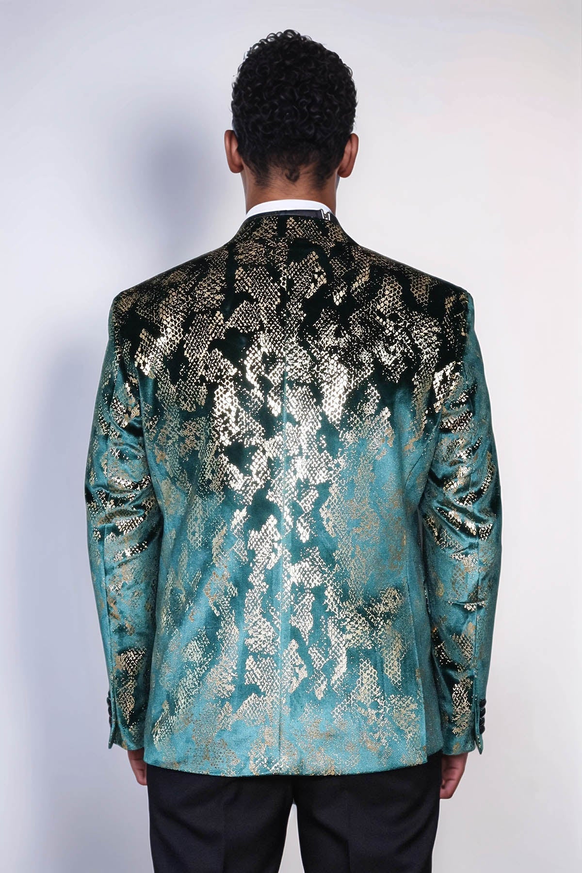 Peak Lapel Slim Fit Gold Patterned Green Men Prom Party Blazer