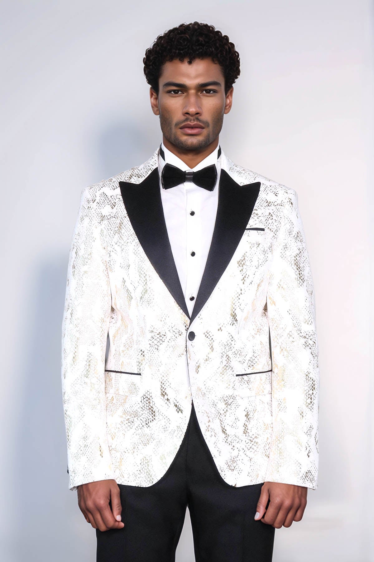 KOALA SYDNEY Peak Lapel Slim Fit Gold Patterned White Men Dinner Jacket