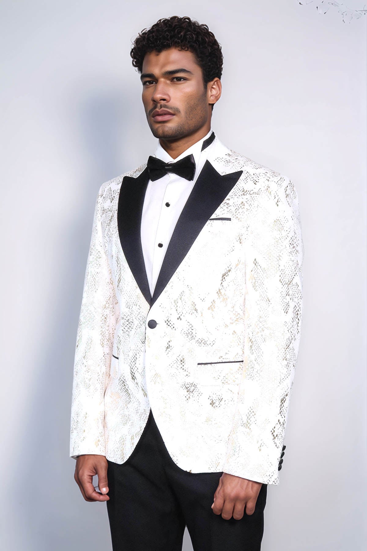KOALA SYDNEY Peak Lapel Slim Fit Gold Patterned White Men Dinner Jacket