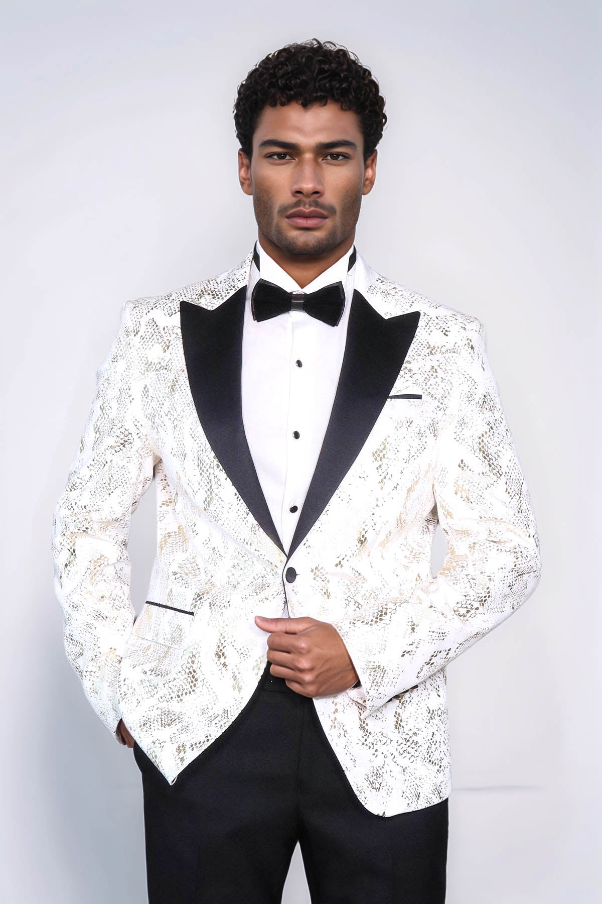 KOALA SYDNEY Peak Lapel Slim Fit Gold Patterned White Men Dinner Jacket