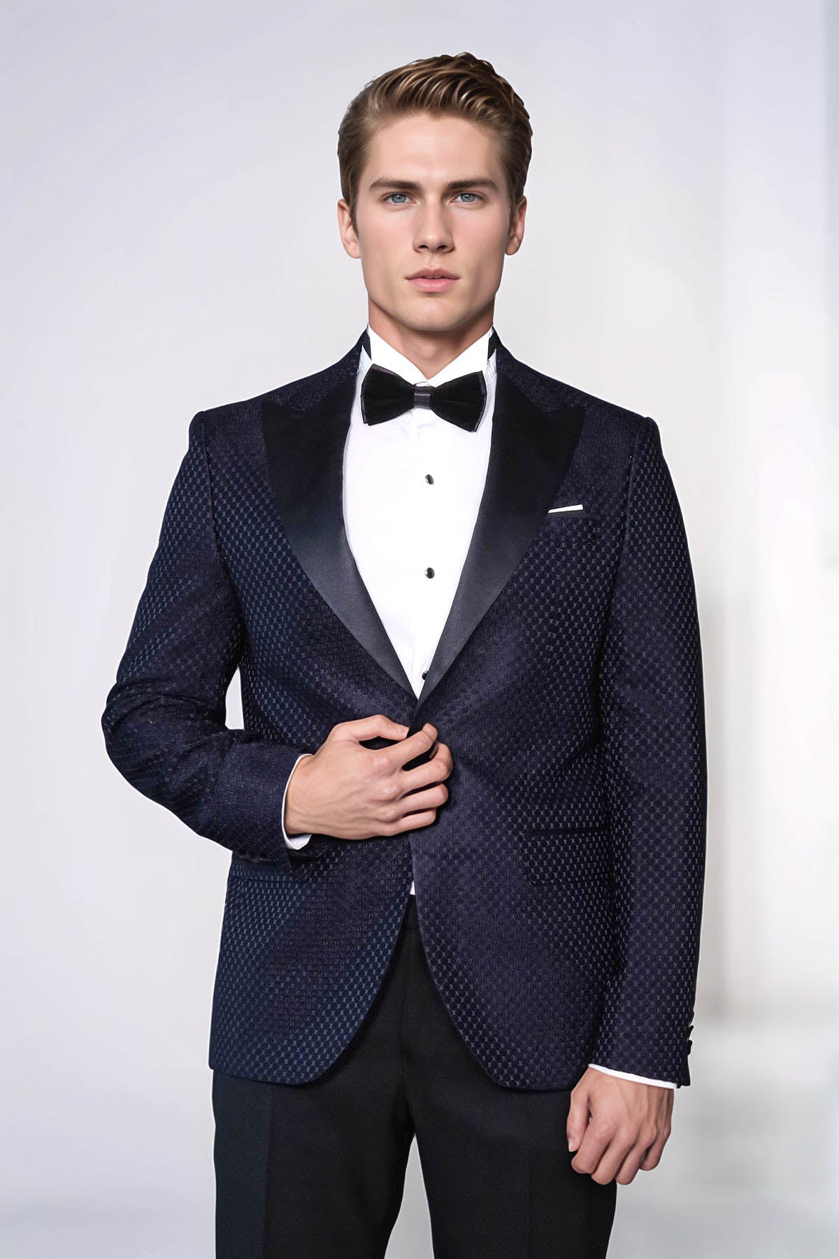 KOALA SYDNEY Satin Shawl Lapel Textured Men's Navy Blue Tuxedo Jacket