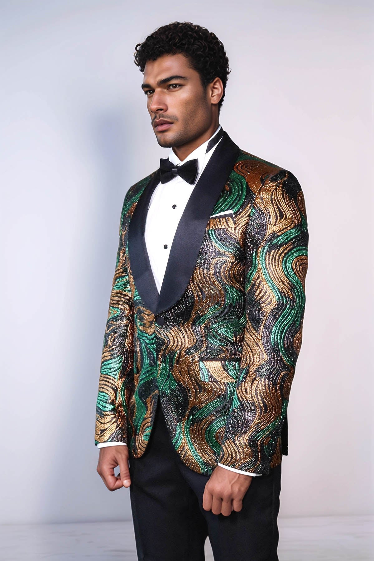 Gold-Green Patterned Over Black Men Stage Performers Jacket - Wessi