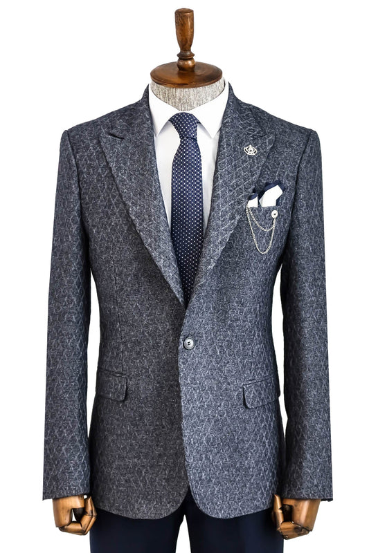 Wool Patterned Slim-Fit Navy Blue Men Blazer