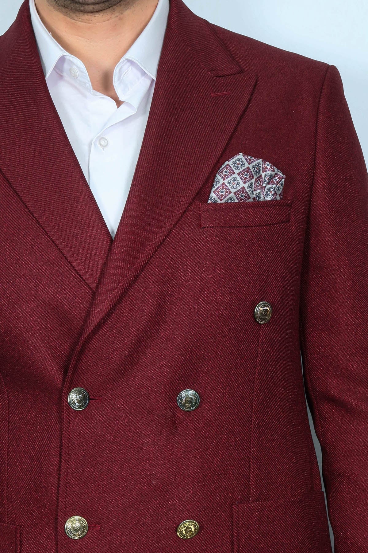 Double Breasted Slim Fit Burgundy Men Blazer - Wessi