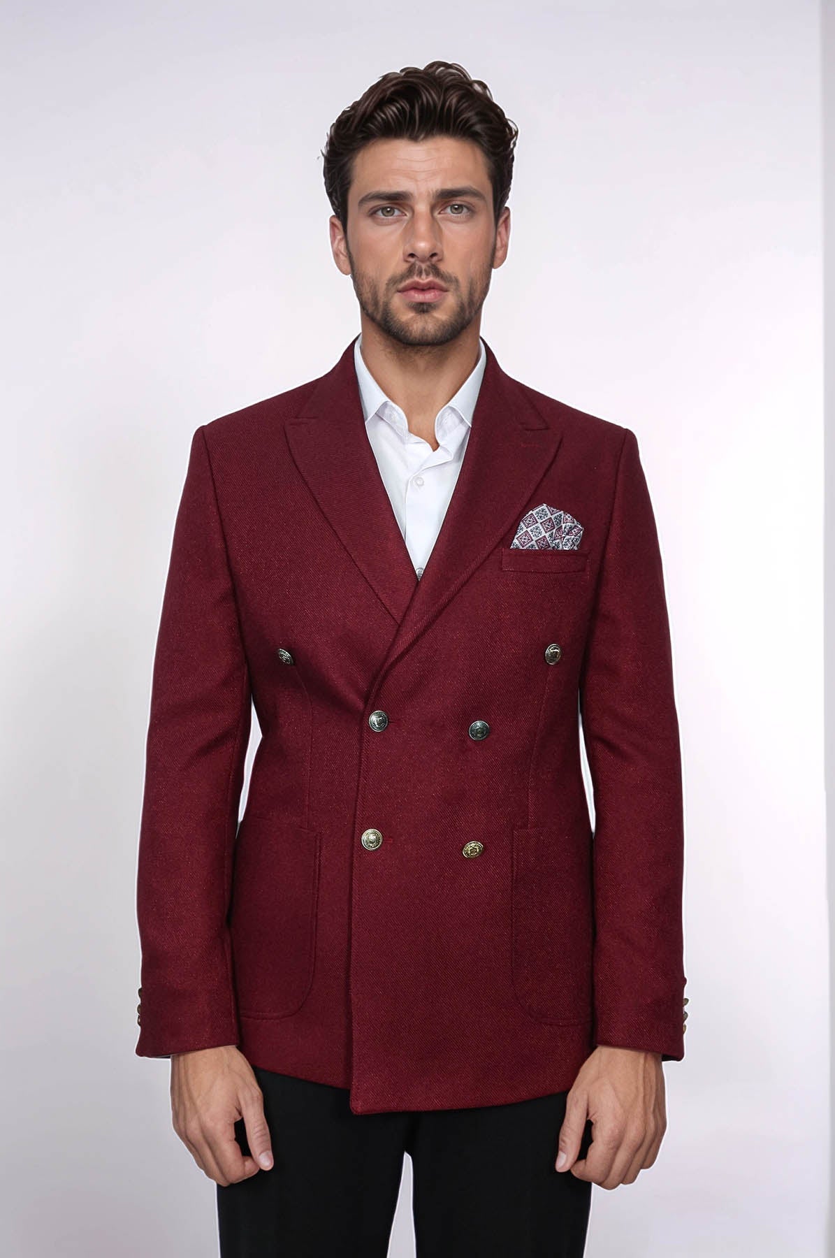 Double Breasted Slim Fit Burgundy Men Blazer - Wessi