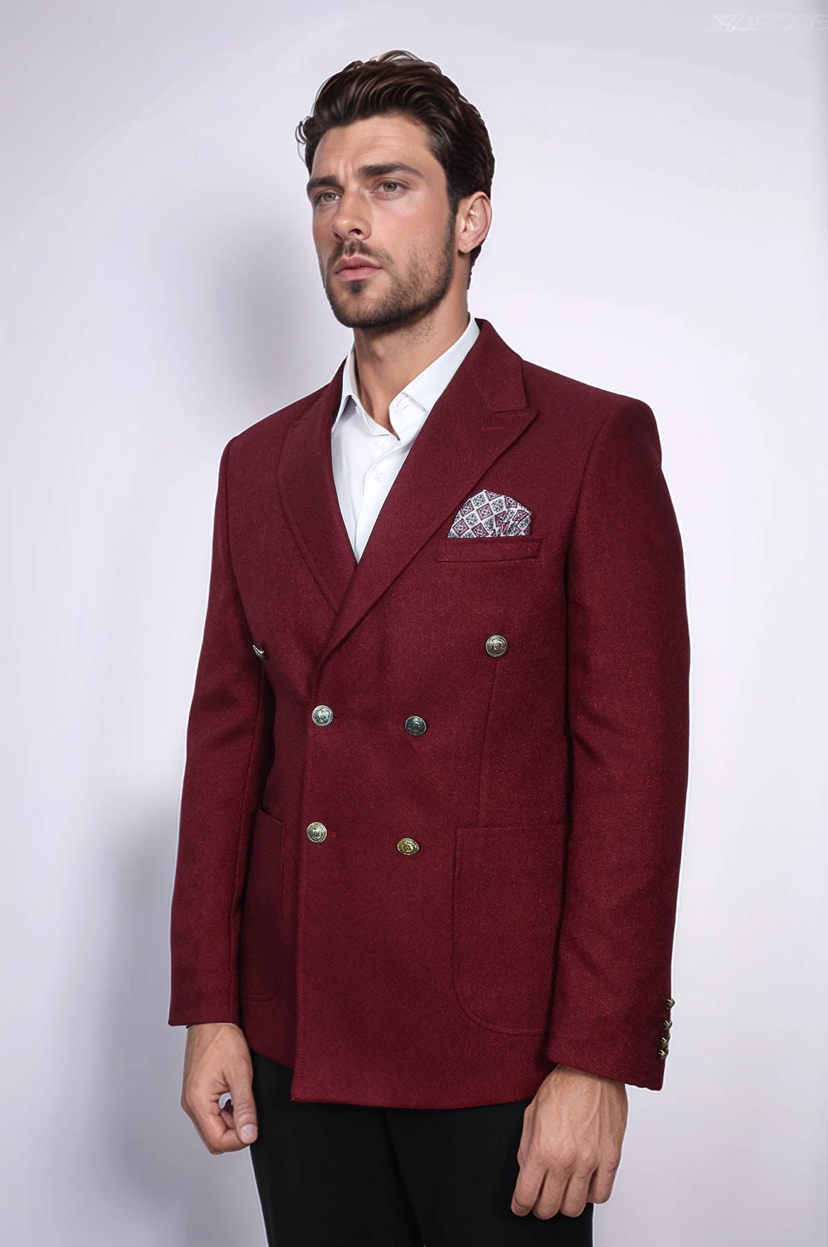 Double Breasted Slim Fit Burgundy Men Blazer - Wessi
