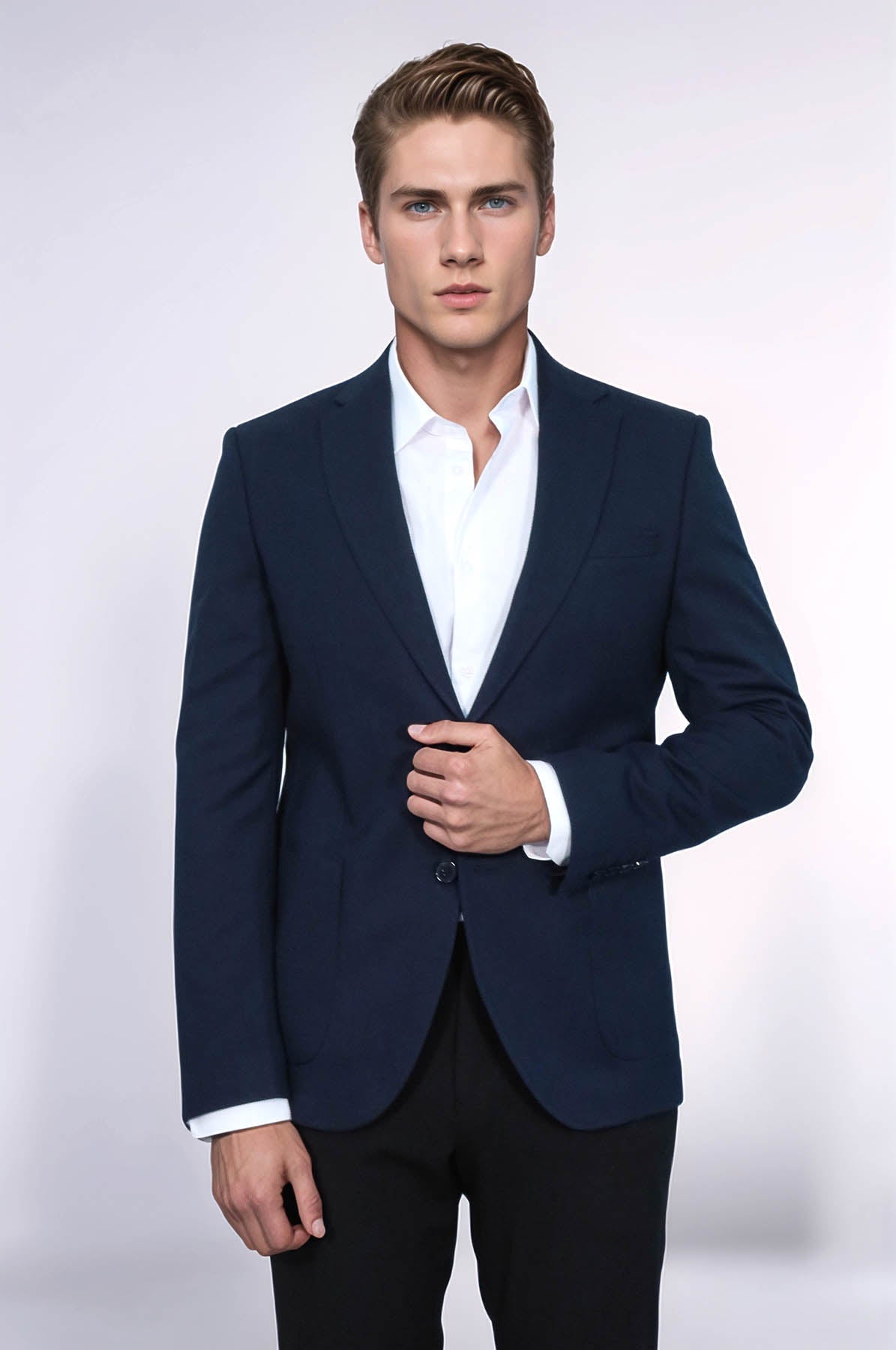 KOALA SYDNEY Textured Slim Fit Peak Lapel Navy Blue Men Blazer