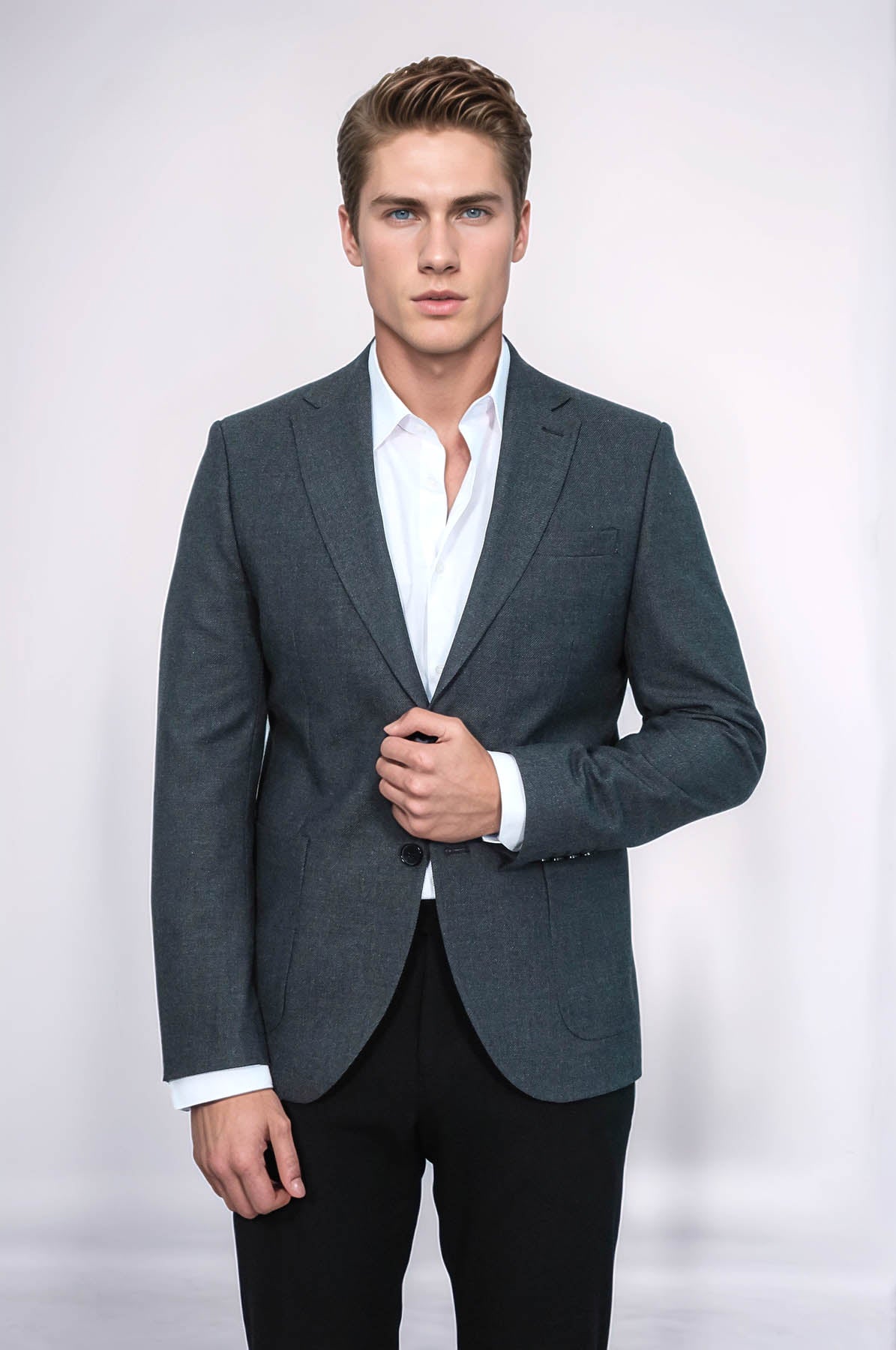 KOALA SYDNEY Textured Slim Fit Peak Lapel Grey Men Blazer