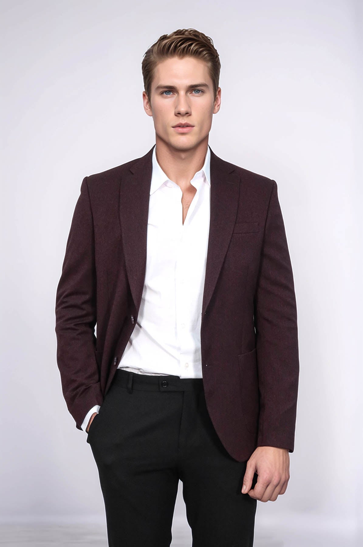 KOALA SYDNEY Textured Slim Fit Peak Lapel Burgundy Men Blazer