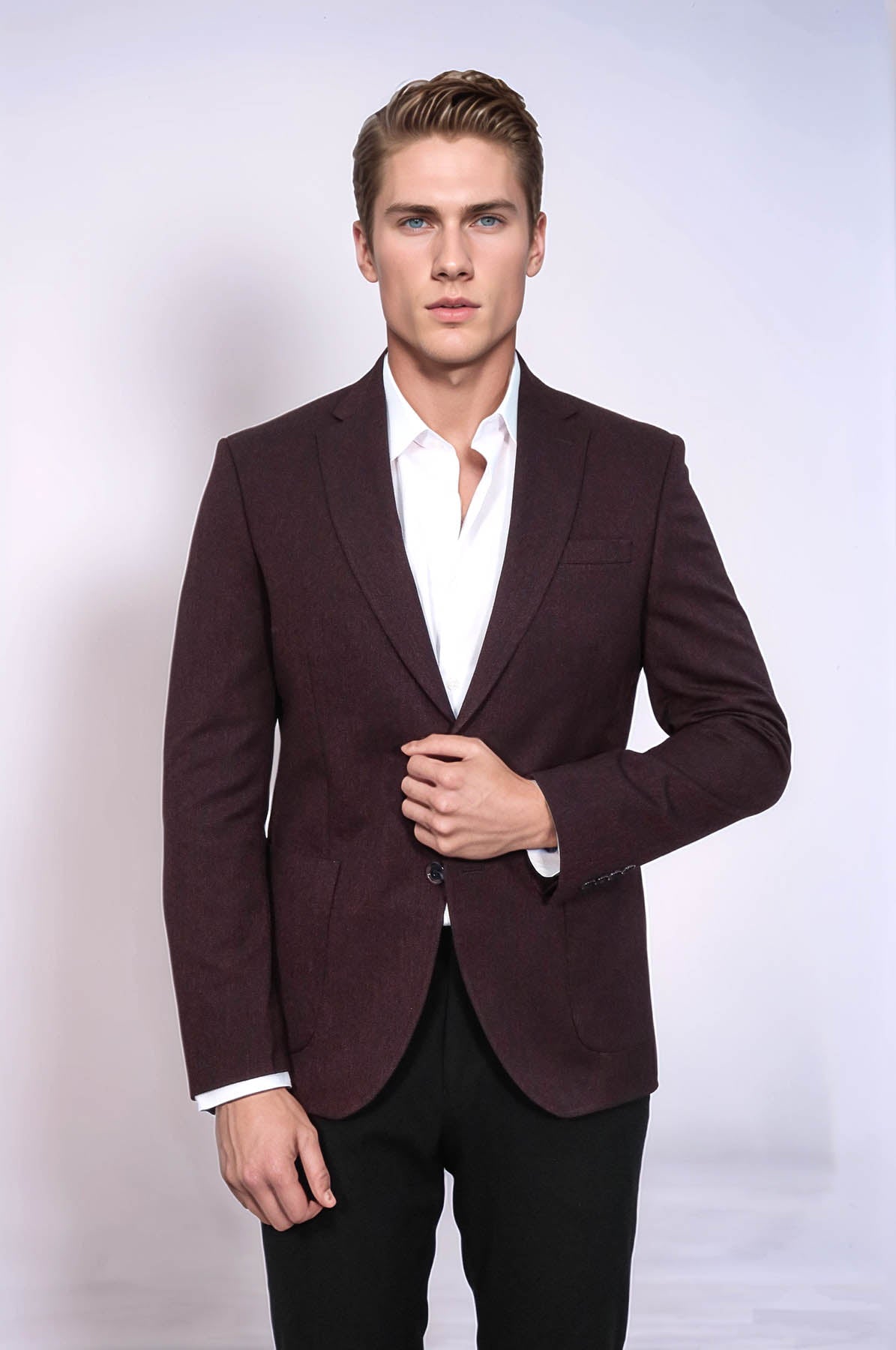 KOALA SYDNEY Textured Slim Fit Peak Lapel Burgundy Men Blazer