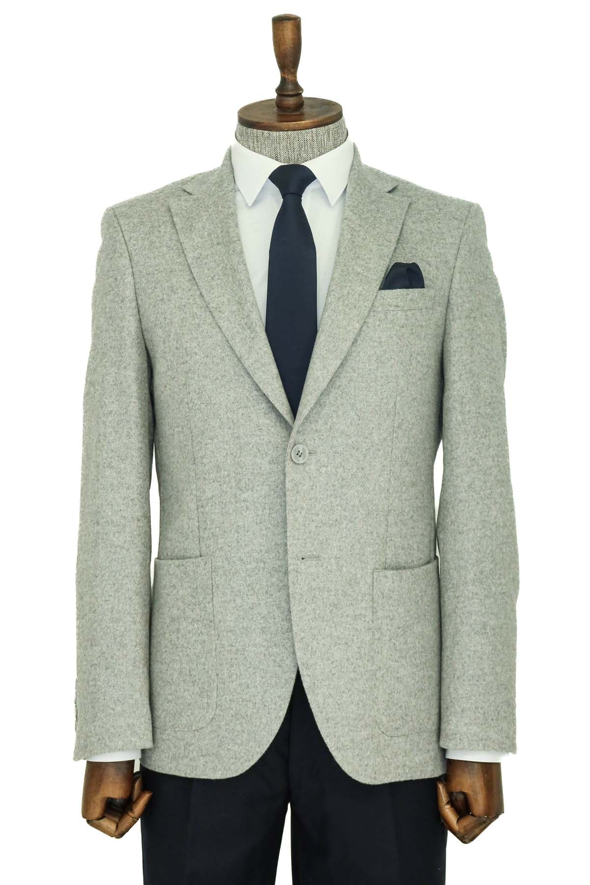 KOALA SYDNEY Slim Fit Plain Wide Lapel Grey Men Wool Blazer