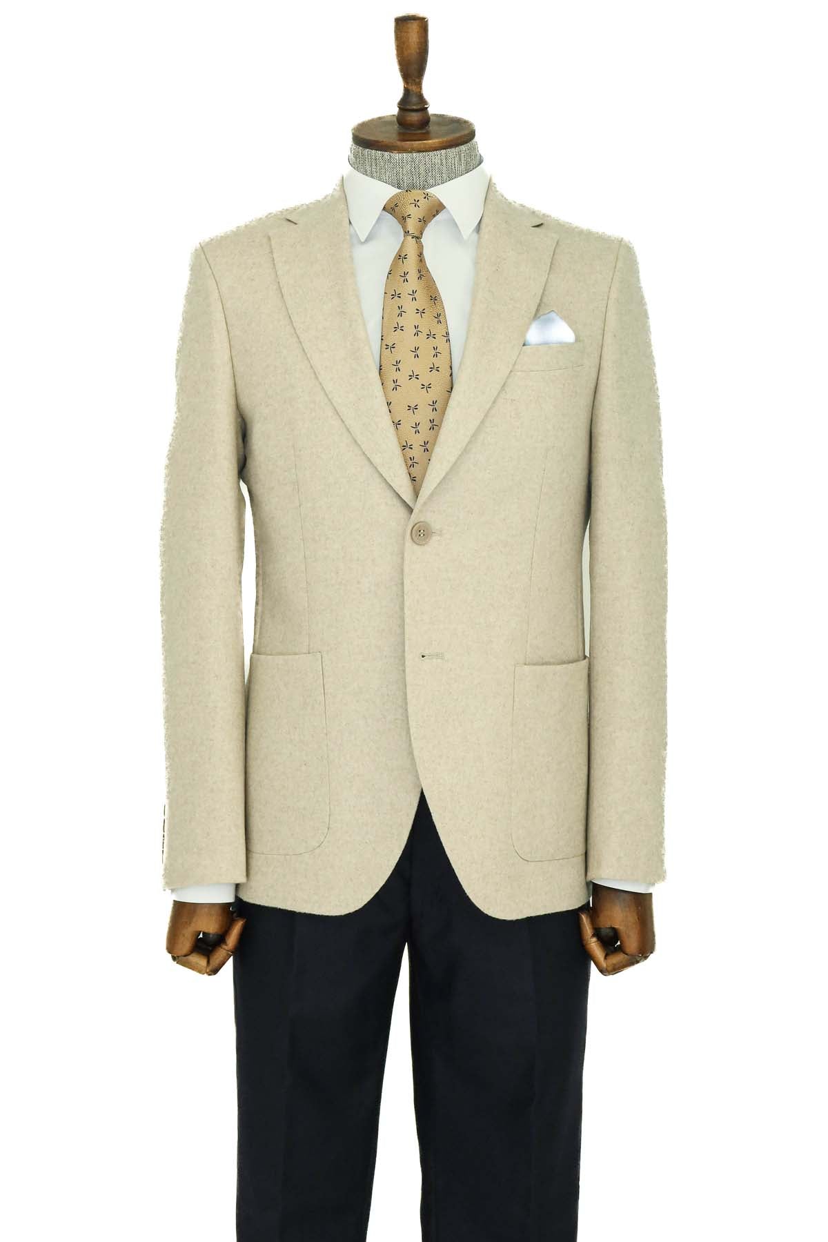 KOALA SYDNEY Slim Fit Plain Wide Lapel Cream Men Wool Blazer and Trousers Combination