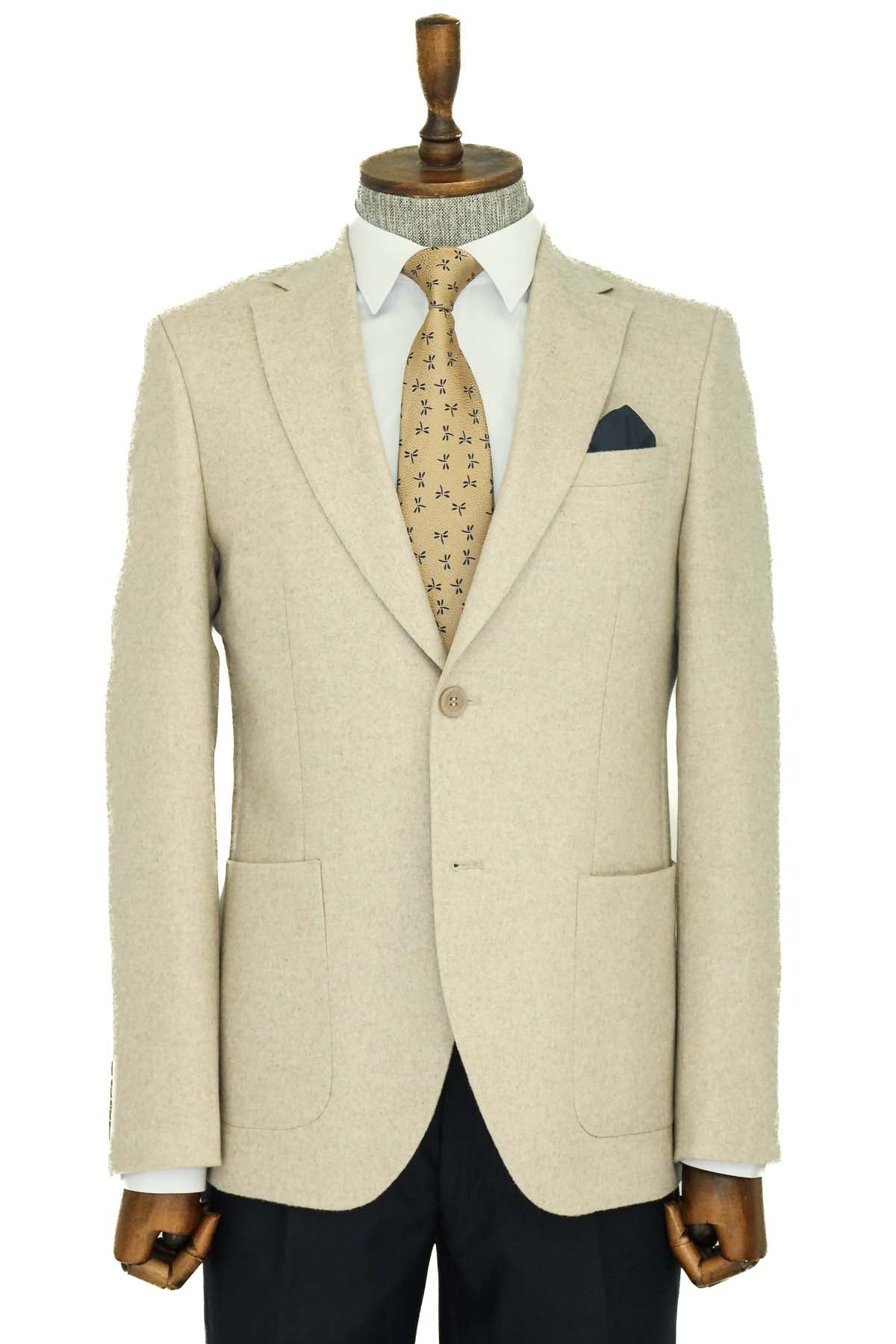 KOALA SYDNEY Slim Fit Plain Wide Lapel Cream Men Wool Blazer and Trousers Combination