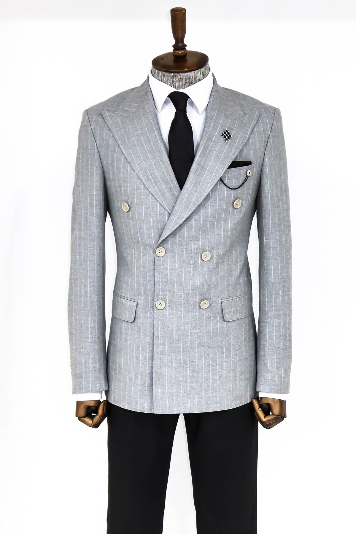KOALA SYDNEY Striped Double Breasted Grey Men Blazer -