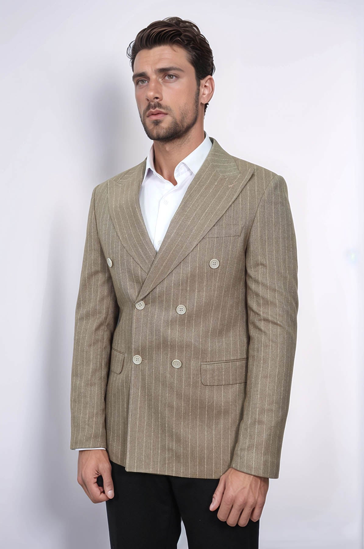 Striped Double Breasted Light Brown Men Blazer - Wessi