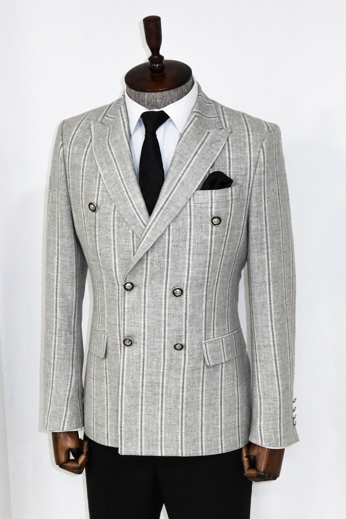 KOALA SYDNEY Wide Lapel Striped Double Breasted Grey Men Blazer and Trousers Combination