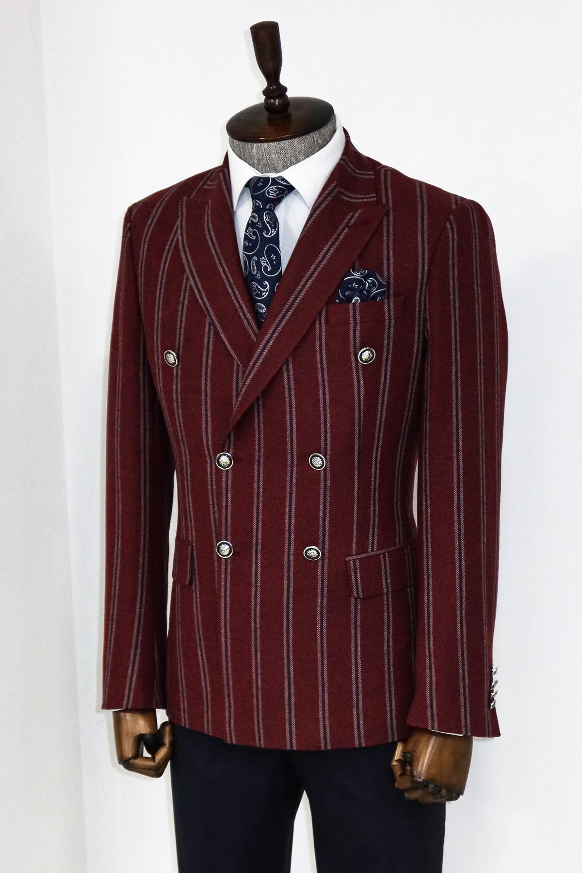 KOALA SYDNEY Wide Lapel Striped Double Breasted Burgundy Men Blazer and Trousers Combination