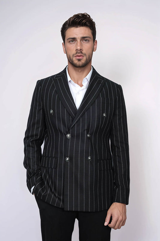 Double Breasted Slim Fit Striped Black Men Blazer