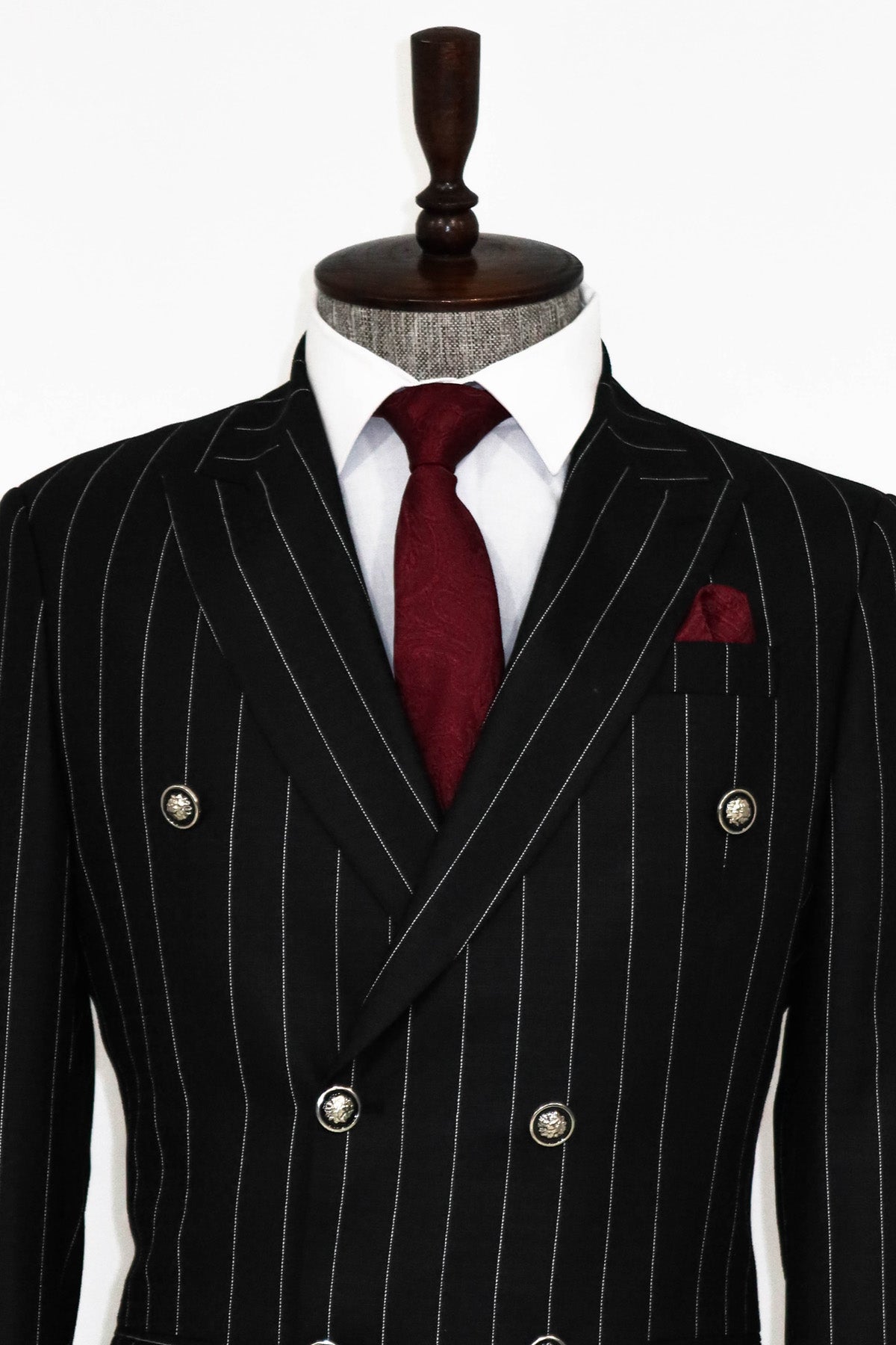 Double Breasted Slim Fit Striped Black Men Blazer and Trousers Combination