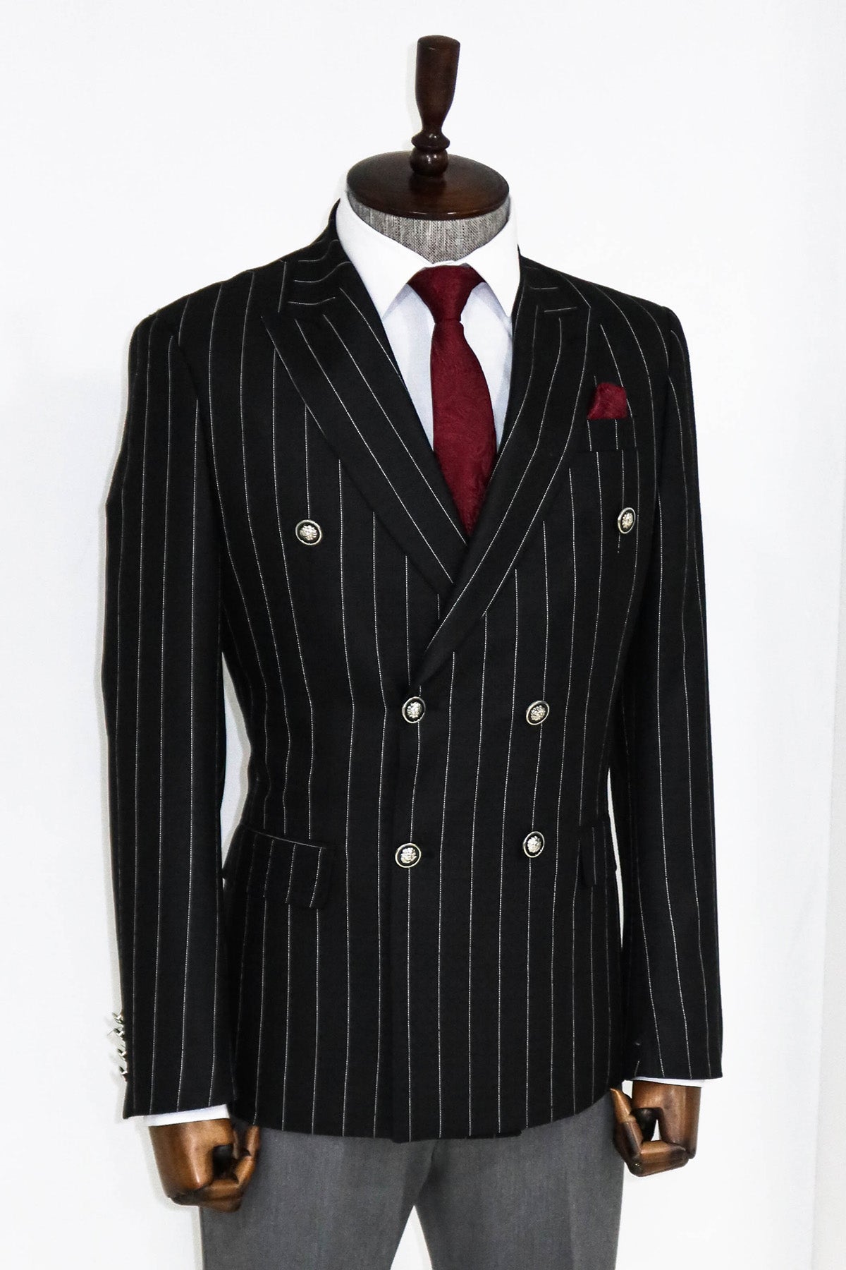 Double Breasted Slim Fit Striped Black Men Blazer and Trousers Combination