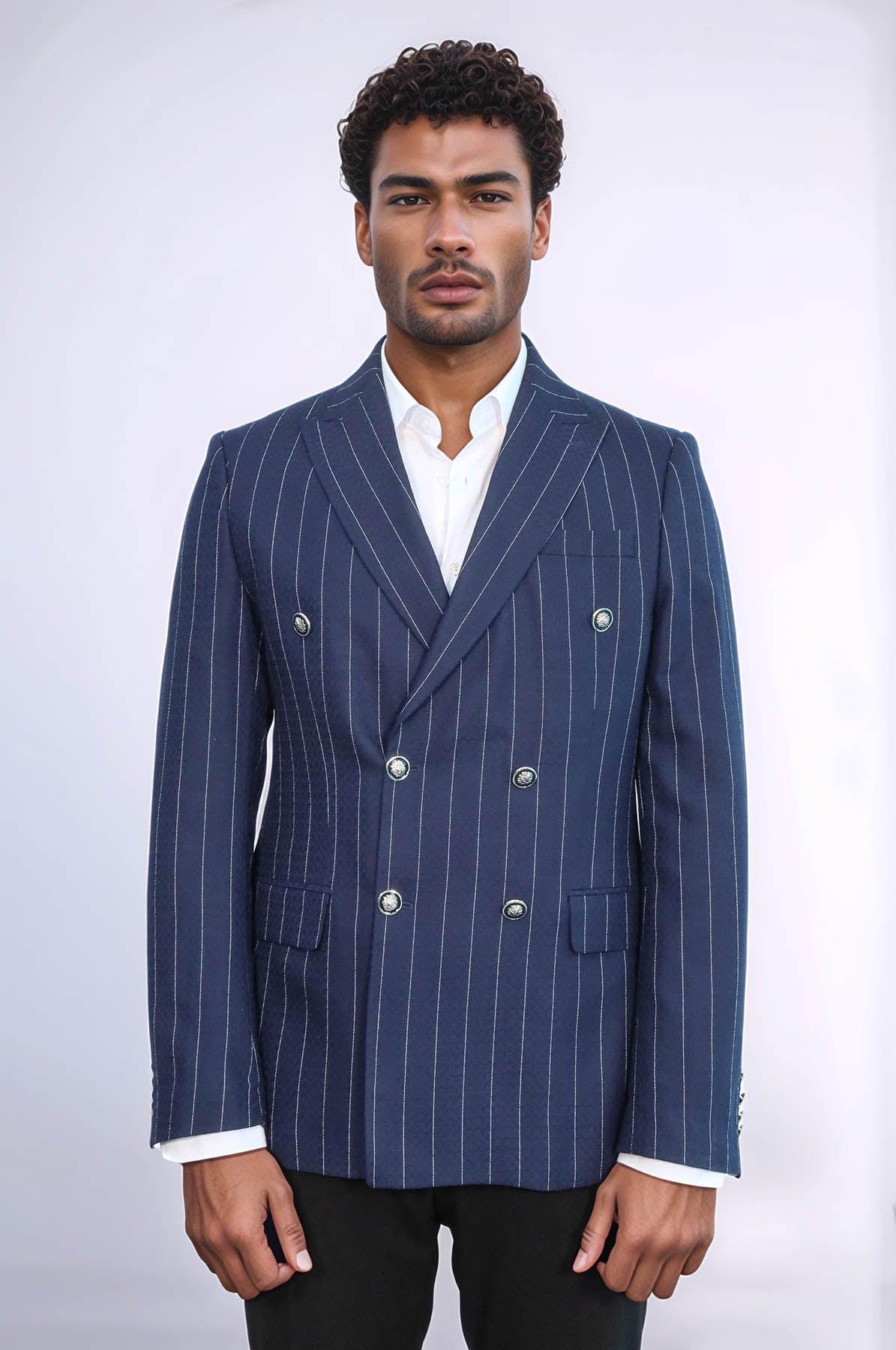 Double Breasted Slim Fit Striped Navy Blue Men Blazer - Wessi