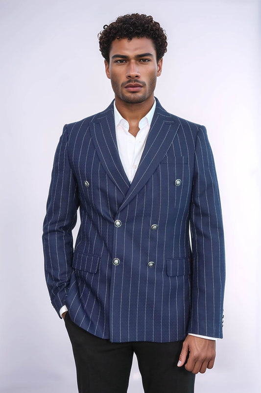 Double Breasted Slim Fit Striped Navy Blue Men Blazer