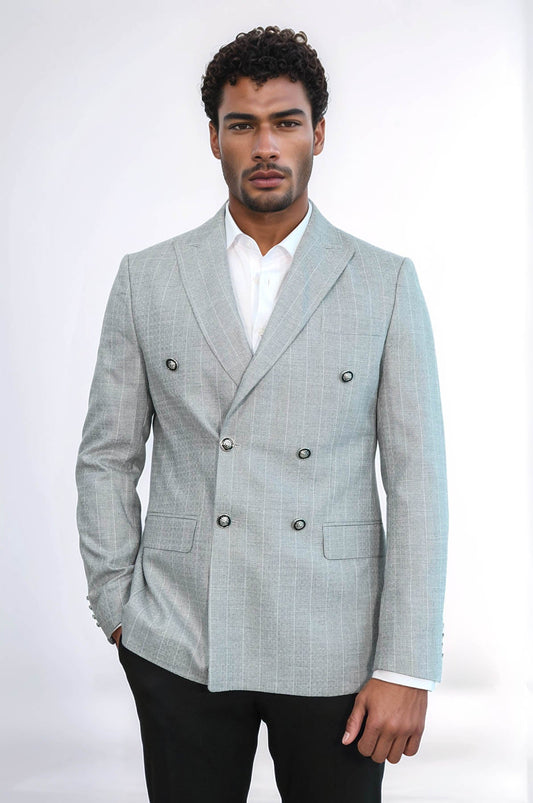 Double Breasted Slim Fit Striped Grey Men Blazer
