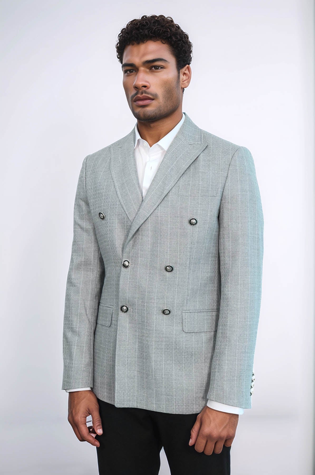Double Breasted Slim Fit Striped Grey Men Blazer - Wessi