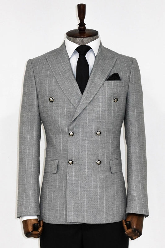 Double Breasted Slim Fit Striped Grey Men Blazer and Trousers Combination