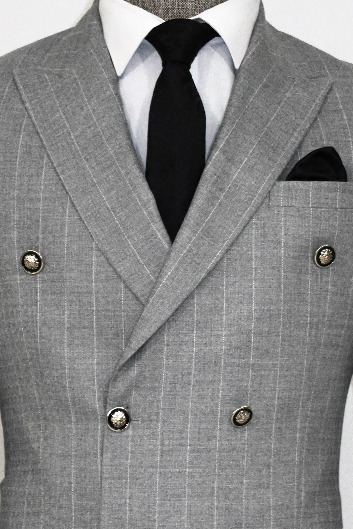 Double Breasted Slim Fit Striped Grey Men Blazer and Trousers Combination