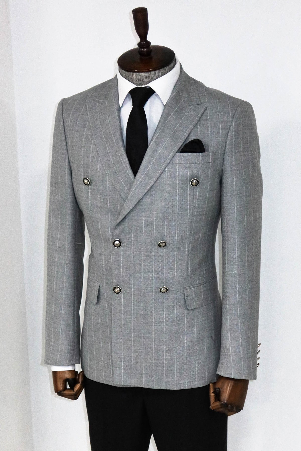 Double Breasted Slim Fit Striped Grey Men Blazer and Trousers Combination