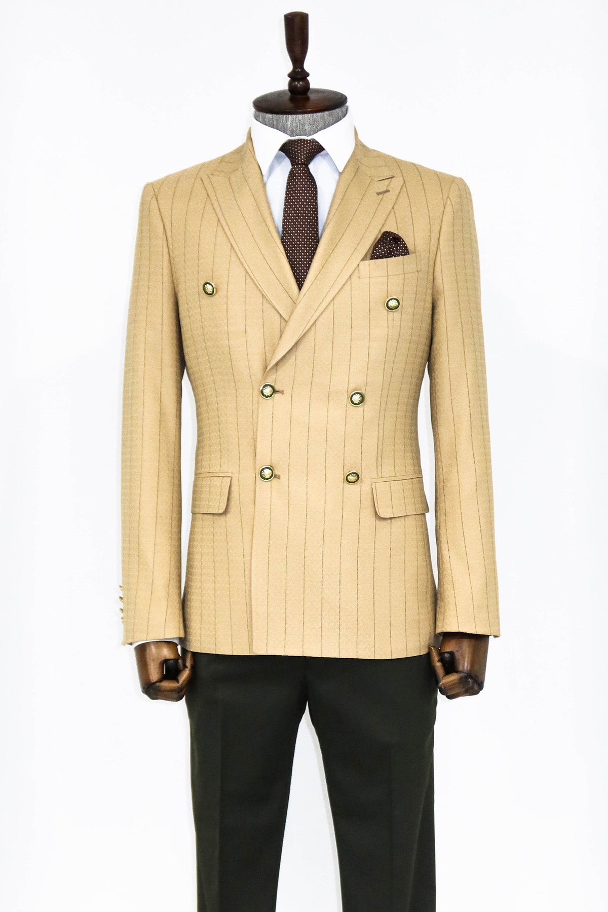 Double Breasted Slim Fit Striped Cream Men Blazer and Trousers Combination