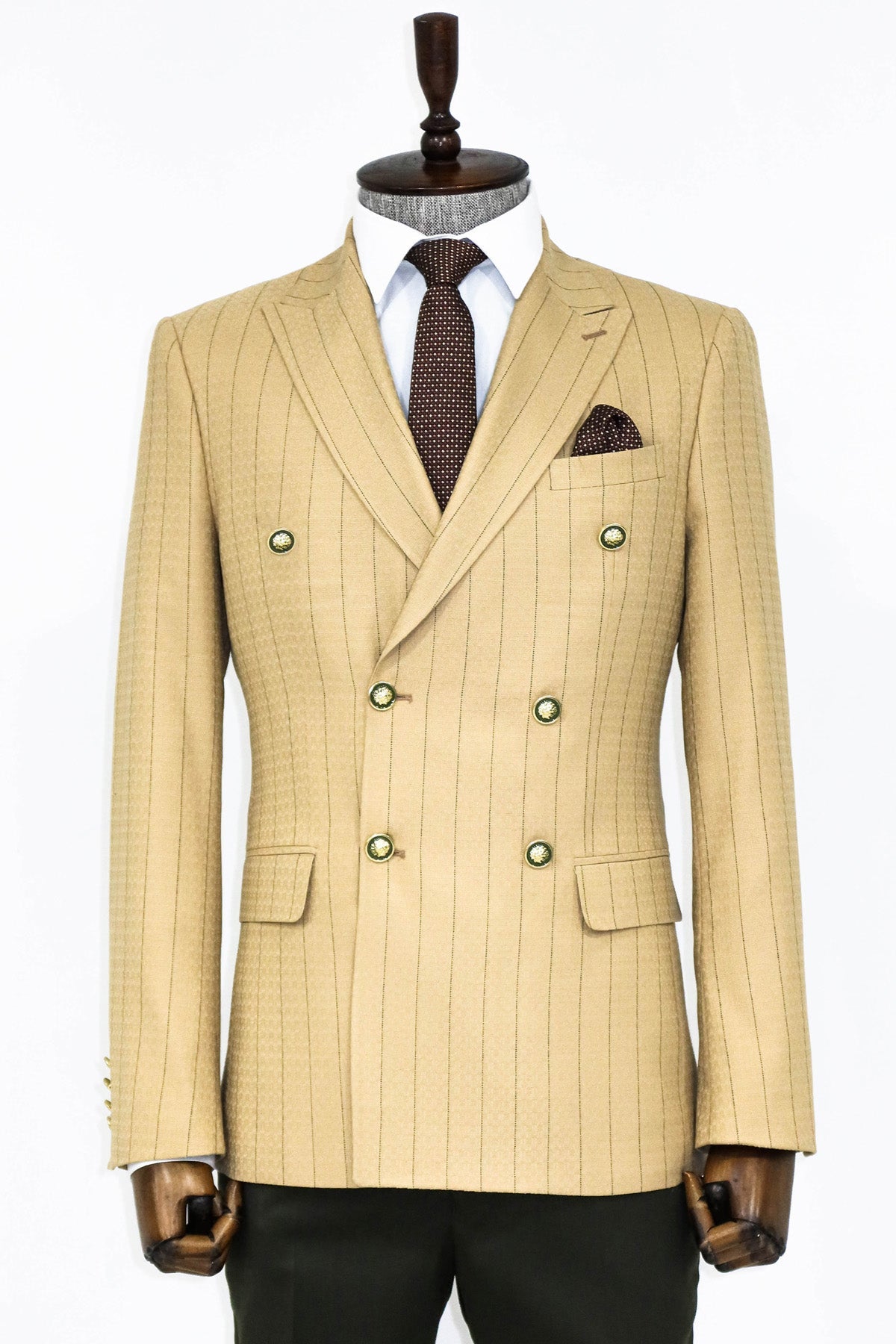 KOALA SYDNEY Beige Striped Double-Breasted Blazer with Green Pants and Floral Tie - Business Look