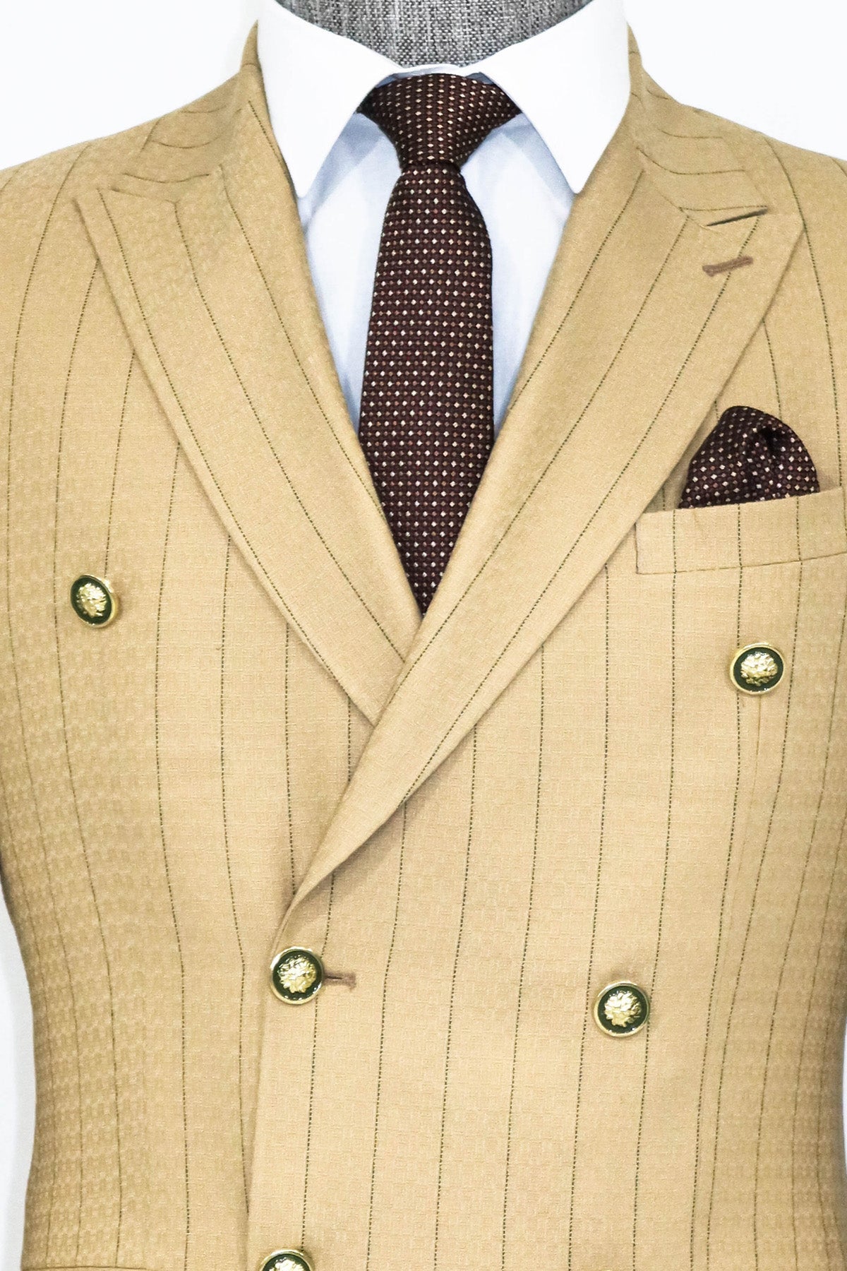 Double Breasted Slim Fit Striped Cream Men Blazer and Trousers Combination
