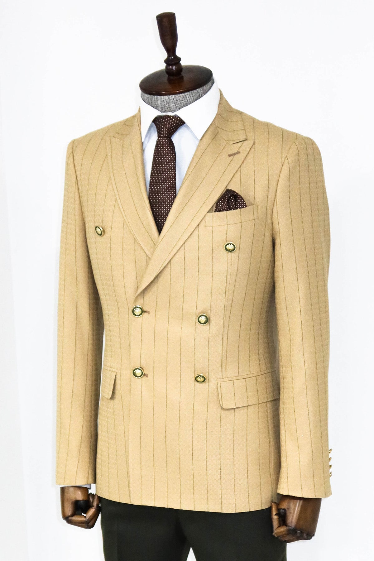 Double Breasted Slim Fit Striped Cream Men Blazer and Trousers Combination