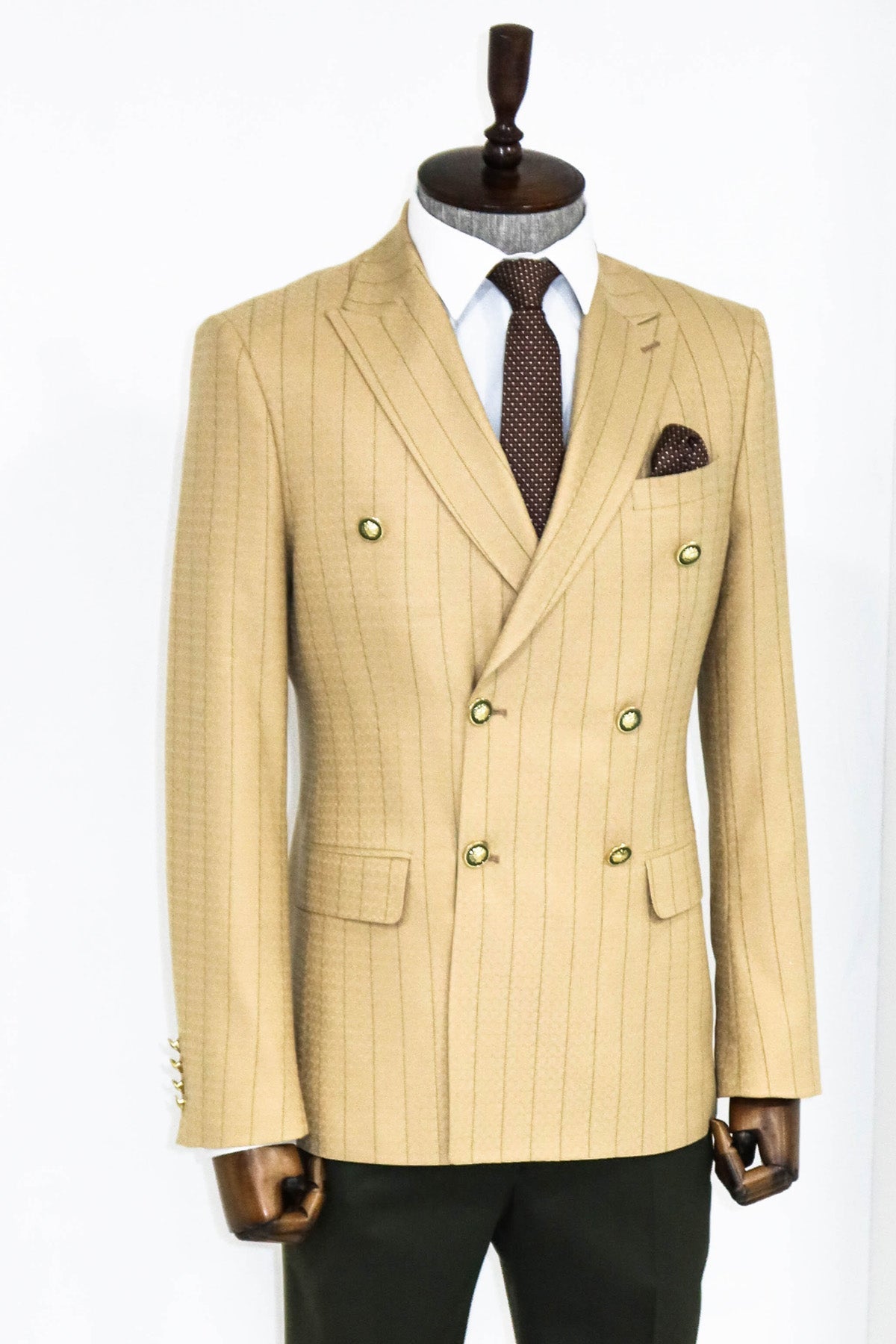 Double Breasted Slim Fit Striped Cream Men Blazer and Trousers Combination