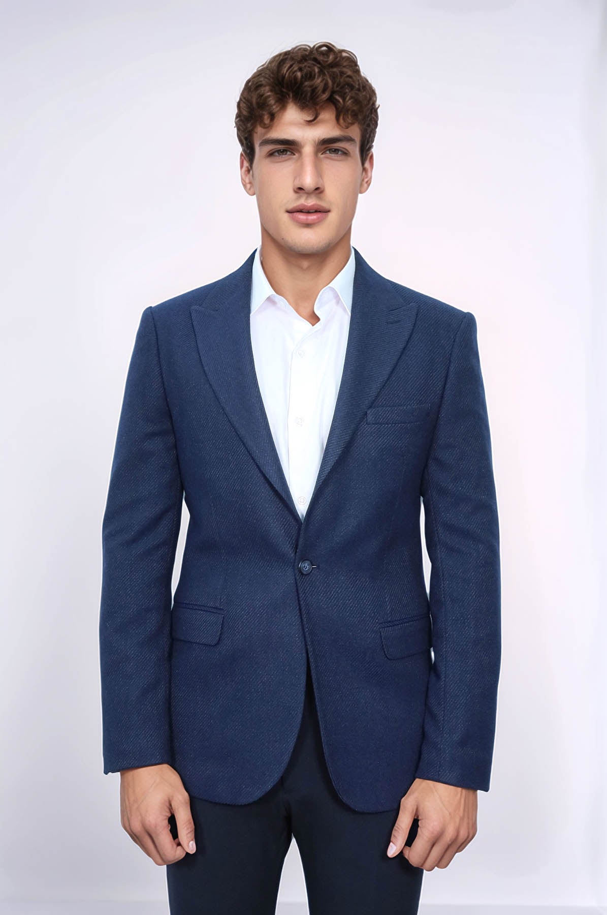 Slim Fit Patterned Dark Blue Men Blazer