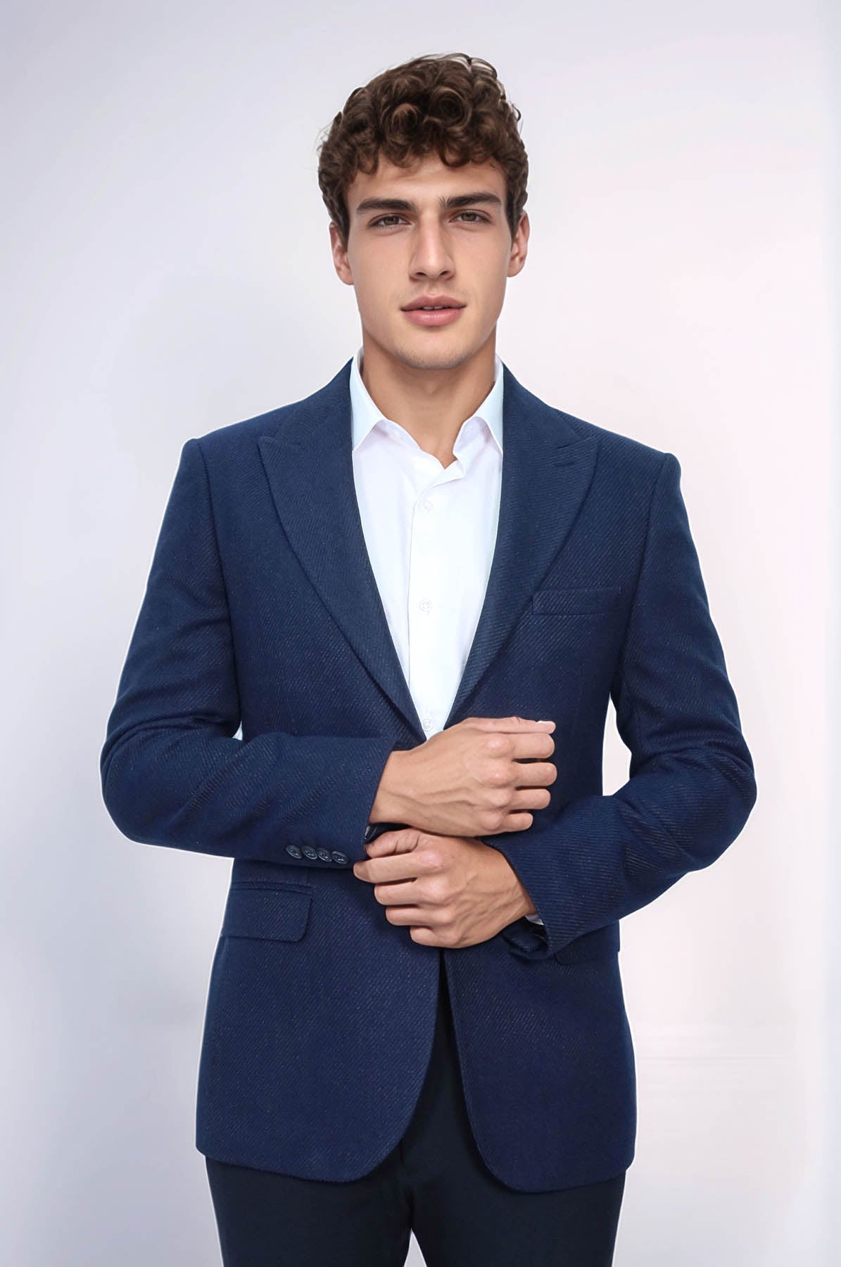 Slim Fit Patterned Dark Blue Men Blazer