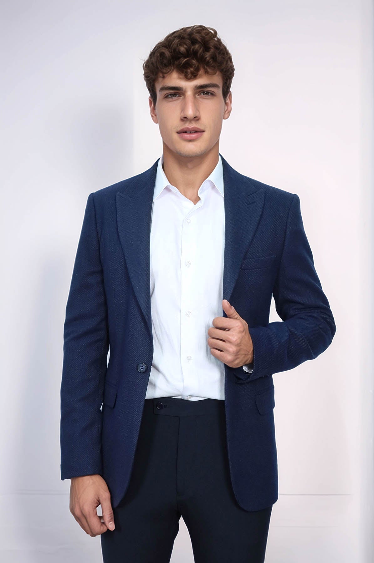 Slim Fit Patterned Dark Blue Men Blazer