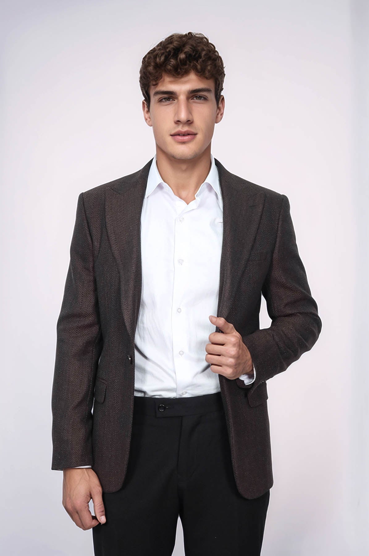 Slim Fit Patterned Brown Men Blazer