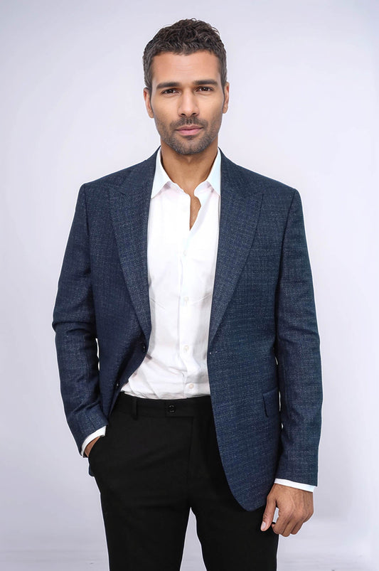 Patterned Wide Lapel Navy Blue Men Blazer