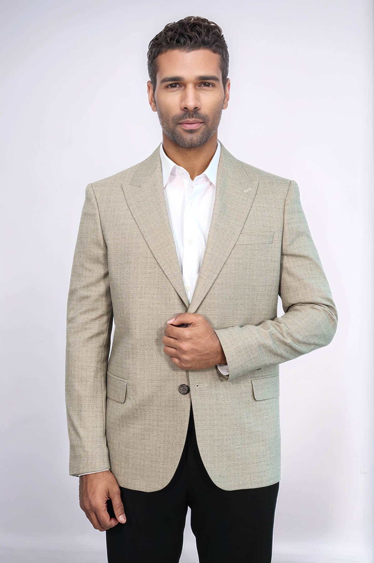 Patterned Wide Lapel Cream Men Blazer