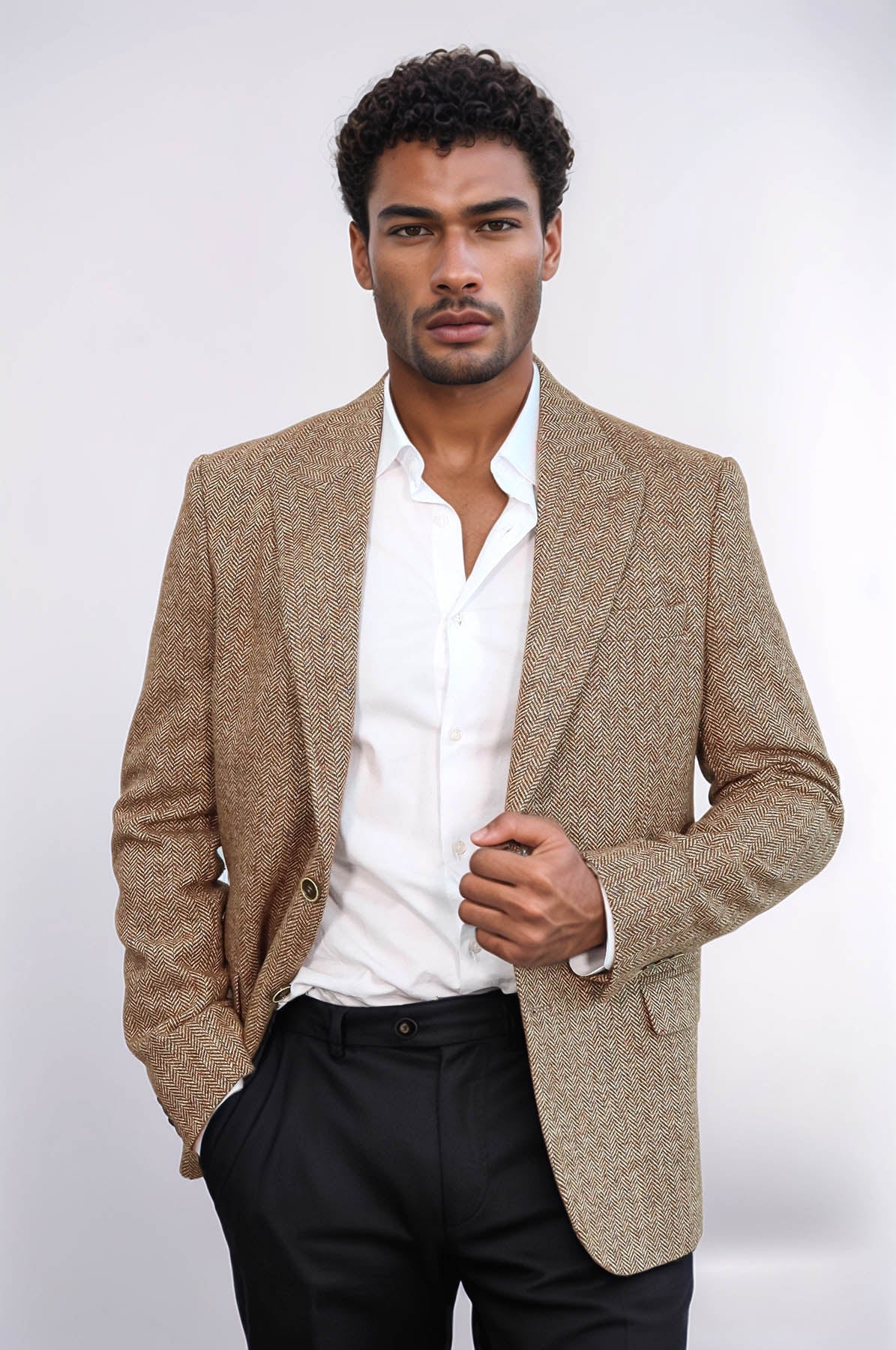 KOALA SYDNEY Houndstooth Pattern Wool Light Brown Men Blazer